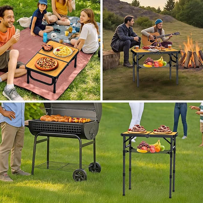 Anbte 2ft Camping Table Foldable with Storage Net, 3 Adjustable Heights Aluminum Small Folding Table Lightweight, Portable Handle for Travel Outdoor Beach Camping Picnic, 23.2" x 16", Light Oak Grain