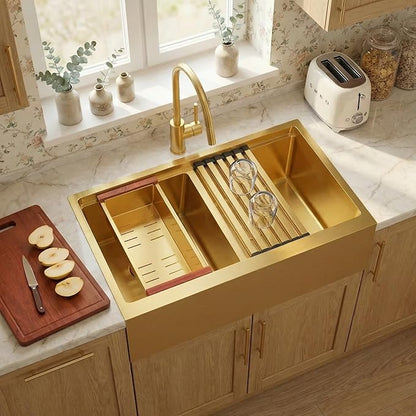 MILOSEN 30 Inch Gold Farmhouse Kitchen Sink, 30''x22'' Drop-in Stainless Steel Workstation Apron Front Sink with Ledge & Accessories, 50/50 Double Bowl Farm Sinks, 10'' Large and Deep Handmade Sinks