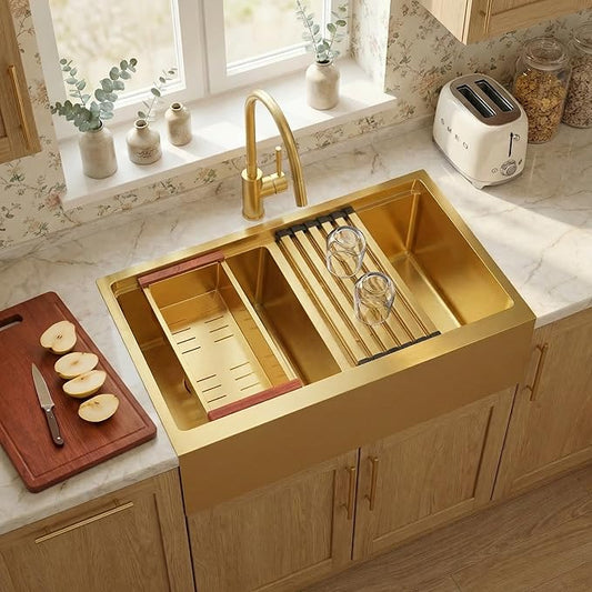 MILOSEN 30 Inch Gold Farmhouse Kitchen Sink, 30''x22'' Drop-in Stainless Steel Workstation Apron Front Sink with Ledge & Accessories, 50/50 Double Bowl Farm Sinks, 10'' Large and Deep Handmade Sinks
