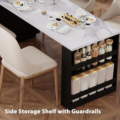 Ball & Cast 83" Kitchen Island with Extendable Dining Table,2-Tone Kitchen Table W/Double-Sized Storage,Power Outlet,Kitchen Islands W/ 2 Storage Drawers & 2 Side Open Shelves,for 4-6 Person,Black