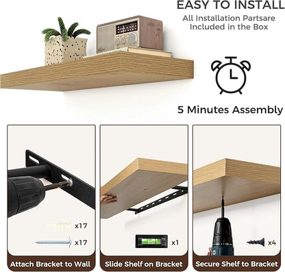 Venusmiles Floating Shelves for Wall, Engineered Wood Wall Shelves with Invisible Brackets for Living Room Bedroom Bathroom Office Kitchen Decor and Storage (Oak, 72" W x 9" D x 1.5" H) Set of 1