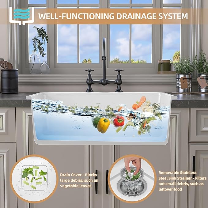 33 in. White Undermount Workstation Kitchen Sink Granite Composite Drop-in Sink Deep Modern Farmhouse Sink Single Bowl 33x19 with Accessory Kit