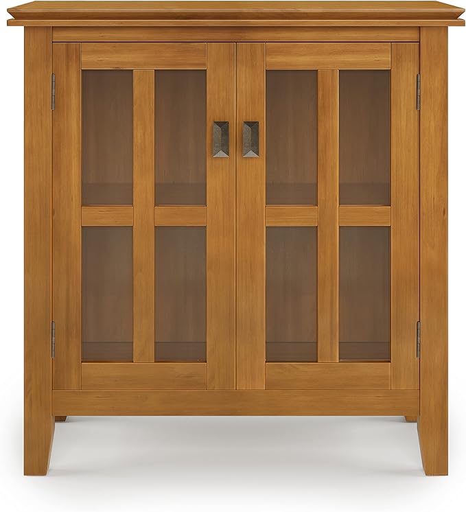 SIMPLIHOME Artisan Storage Cabinet - 30 inch Wide Solid Wood Low Storage Cabinet in Honey Brown, Contemporary Accent Cabinet for Living Room or Dining Room with Glass Doors and Adjustable Shelves