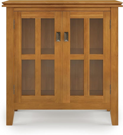 SIMPLIHOME Artisan Storage Cabinet - 30 inch Wide Solid Wood Low Storage Cabinet in Honey Brown, Contemporary Accent Cabinet for Living Room or Dining Room with Glass Doors and Adjustable Shelves