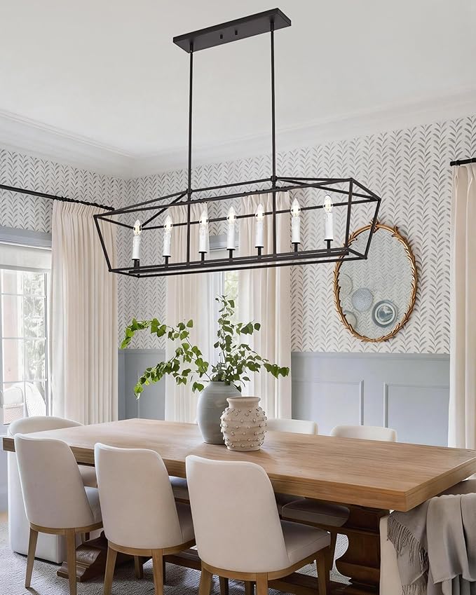 VINLUZ 7 Light Dining Room Chandelier in Black and White Finish,E12 Classic Kitchen Island Pendant Lighting Fixture Adjustable Height for Living Room Bedroom
