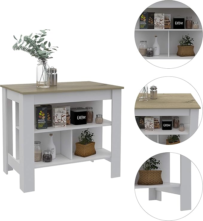 GOWE Cala Kitchen Island Antil, Three Shelves, Four Legs -Light Oak/White