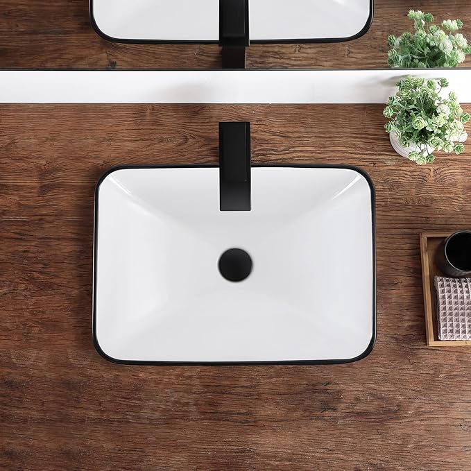 Bathroom Vessel Sink 20.6'' x 14.7'' Semi Recessed Bathroom Sink Rectangular Drop In Sink with Overflow White with Black Trim Ceramic Modern Vessel Sinks for Bathroom