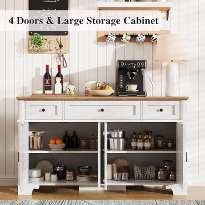 BestHaped Farmhouse Buffet Cabinet with Storage, 55 Inch White Sideboard Buffet Cabinet with Adjustable Shelves & 3 Drawers, Buffet Table Coffee Bar Wine Bar Storage for Kitchen & Living Room