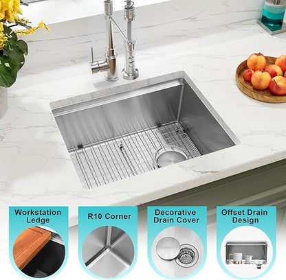 Undermount Kitchen Sink 23 inch,16 gauge Stainless Steel Workstation Sink,Deep and Large Single Bowl Kitchen Sinks Offset Drain (23" X 18")