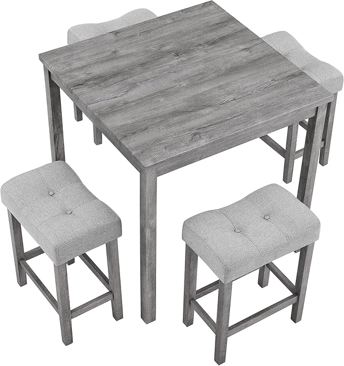 KEIKI 5 Piece Industrial Dining Table Set with 4 Upholstered Bar Stools, Counter Height Kitchen Table and Chairs Set, Space-Saving Breakfast Table Set for Dining Room, Living Room, Apartment, Gray