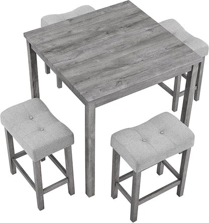 KEIKI 5 Piece Industrial Dining Table Set with 4 Upholstered Bar Stools, Counter Height Kitchen Table and Chairs Set, Space-Saving Breakfast Table Set for Dining Room, Living Room, Apartment, Gray