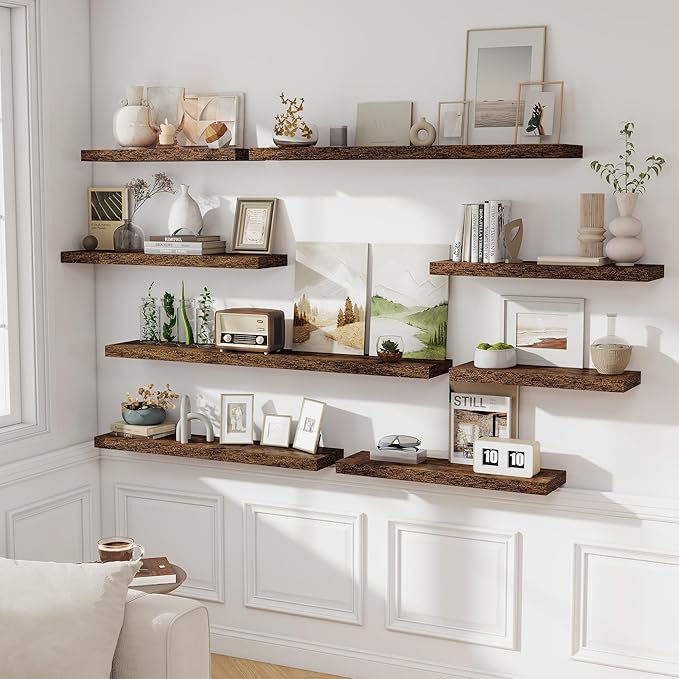 Fun Memories 55 Inch Long Floating Shelves for Wall, 8" Deep Floating Shelves for Bathroom Living Room Bedroom, Rustic Wall Mounted Shelf with Invisible Heavy-Duty Bracket, Set of 2, Rustic Brown