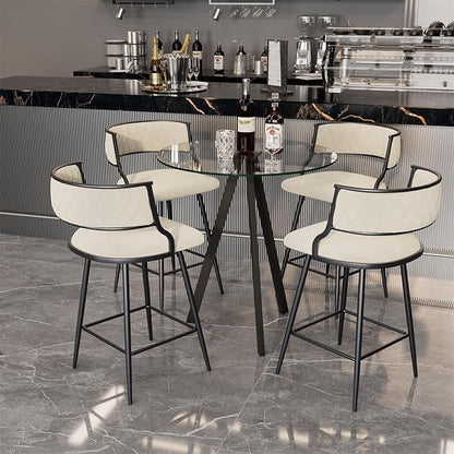 Round Bistro Table and Chairs Set for 4, Clear Small Round High Top Bar Table and 4 Faux Leather Counter Height Padded Stools for Home Bar Dinning Room Kitchen (Beige)