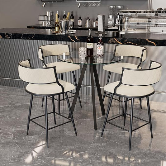 Round Bistro Table and Chairs Set for 4, Clear Small Round High Top Bar Table and 4 Faux Leather Counter Height Padded Stools for Home Bar Dinning Room Kitchen (Beige)