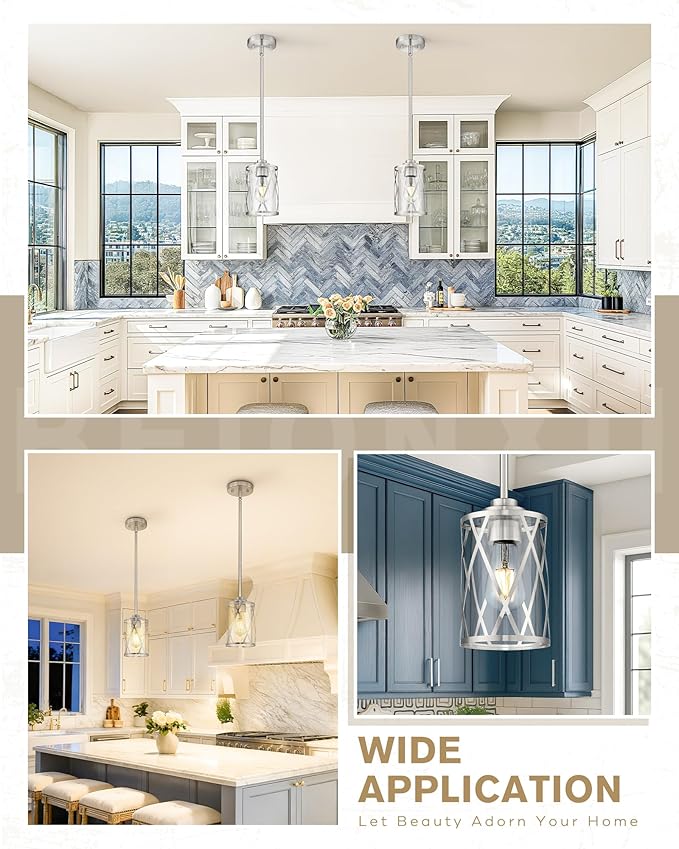 Beionxii 2 Pack Brushed Nickel Pendant Lights Kitchen Island, Glass Pendant Light Fixtures with Clear Glass and Rods, Kitchen Pendant Lighting Over Island, BX-PL07BN-2PK