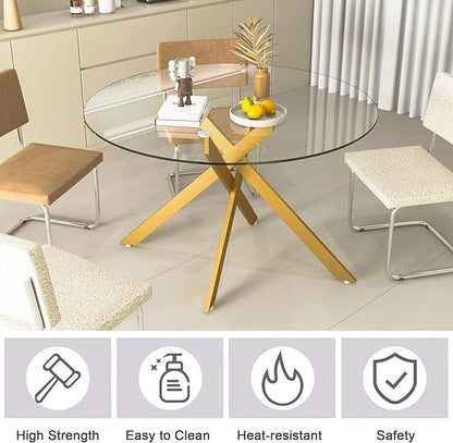 Round Glass Dining Table,Glass Dining Room Table with Tempered Glass Tabletop and Metal Legs, Modern Style Round Kitchen Table for Home, Kitchen, Dining Room