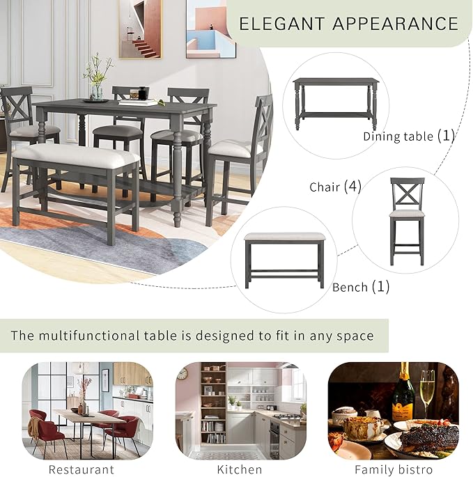 VilroCaz Modern Elegant 6-Piece Counter Height Kitchen Dining Table Set, Solid Wood 60'' Rectangle Table with Bottom Shelf, 4 Comfort Upholstered Chairs 1 Bench for Dining Room Restaurant (Gray)