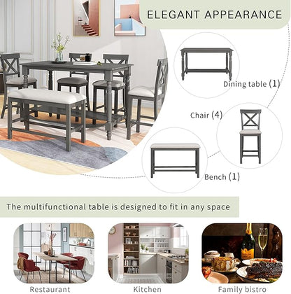VilroCaz Modern Elegant 6-Piece Counter Height Kitchen Dining Table Set, Solid Wood 60'' Rectangle Table with Bottom Shelf, 4 Comfort Upholstered Chairs 1 Bench for Dining Room Restaurant (Gray)