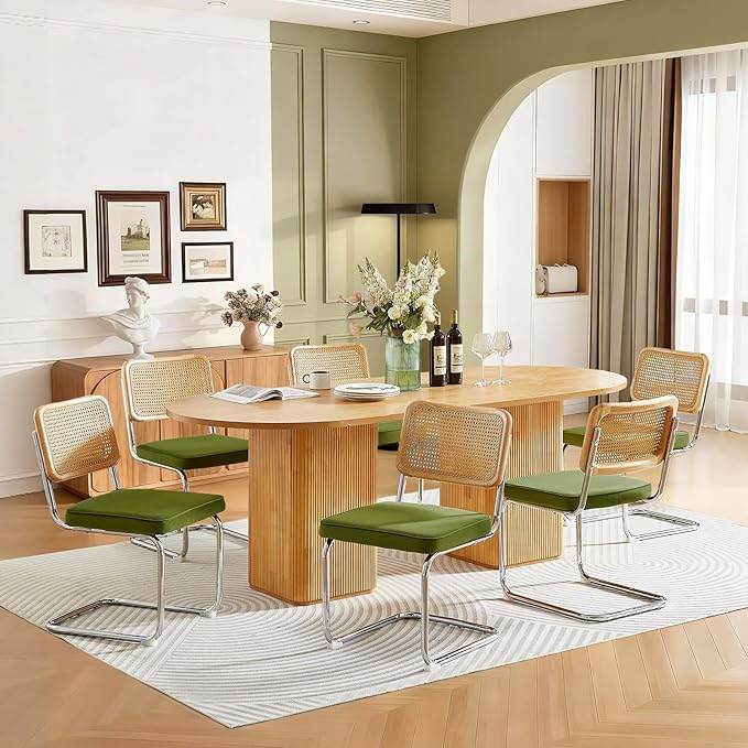 Rattan Back Velvet Dining Chair Set of 6 Modern Breuer Designed Stainless Chrome Base Armless Upholstered Dining Chair for Dining Room, Kitchen Island(Olive Green)