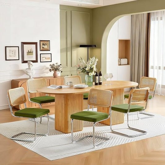 Rattan Back Velvet Dining Chair Set of 6 Modern Breuer Designed Stainless Chrome Base Armless Upholstered Dining Chair for Dining Room, Kitchen Island(Olive Green)