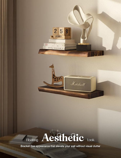 BATODA 17” Acacia Live Edge Floating Shelves, Wooden Floating Shelves for Wall - Floating Book Shelves, Book Shelf for Bathroom, Kitchen - Wall Mounted Shelf for House Decor (Walnut Color)