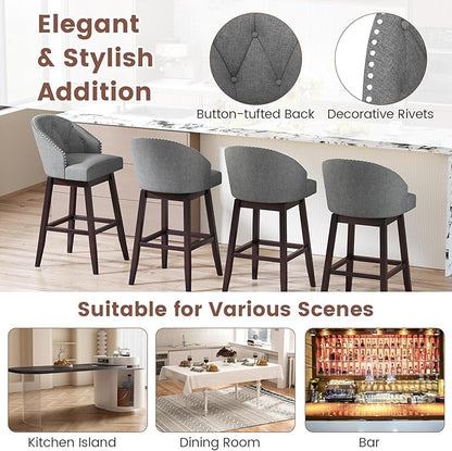 Giantex Modern Upholstered Bar Stools Set of 2, 31" Bar Height Swivel Kitchen Stools w/Button-Tufted Back, Rubber Wood Frame, Rivet Decoration, Linen Fabric Barstools for Counter Island, Cafe, Grey