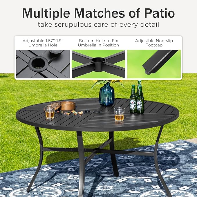 PHI VILLA 5 Piece Patio Dining Set with 4 Outdoor Swivel Dining Chairs & 1 Large Round Dining Table, All Weather Blue Textilene Mesh Fabric Chair and Round Metal Table for Deck Lawn Garden