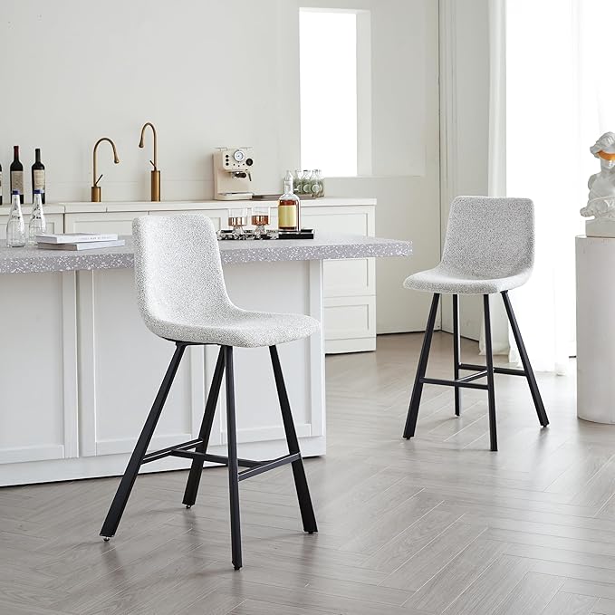 Textured Light Gray Fabric Bar Stool Upholstered Counter Height Chair with Sturdy Black Metal Legs for Kitchen Island, Home Bar, Dining Room (Single),2 Sets