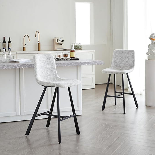 Textured Light Gray Fabric Bar Stool Upholstered Counter Height Chair with Sturdy Black Metal Legs for Kitchen Island, Home Bar, Dining Room (Single),2 Sets