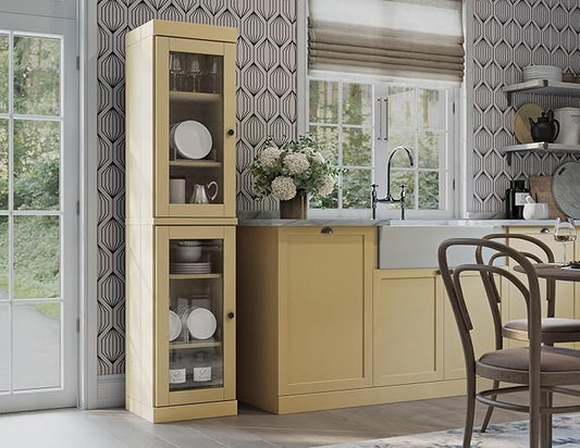 Palace Imports Solid Wood Kitchen Pantry Cabinet w/Glass Doors - Narrow Storage Cabinet - 16.5" Wide x 71.5" Tall - Yellow, Adjustable Shelves, 100% Eco-Friendly Wood, Modular Cabinets