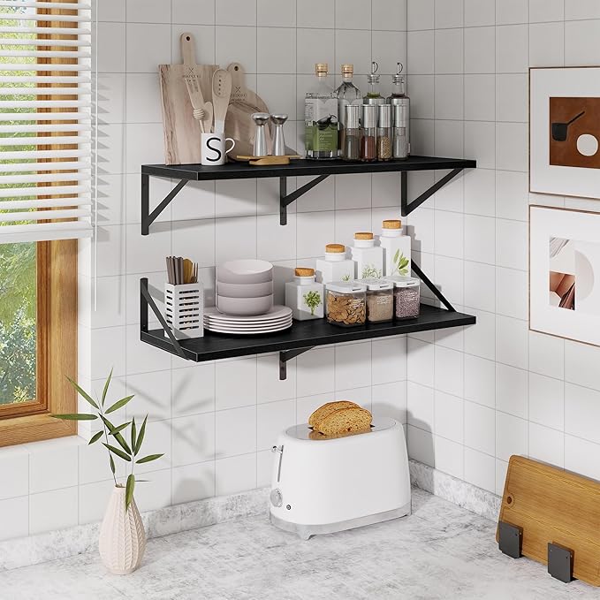 Acovy Floating Shelf for Wall,32" WX10 D Wood Floating Shelves with Sturdy Metal Bracket Set of 2,Wall Mounted Hanging Shelf for Bathroom,Bedroom,Kitchen,Black