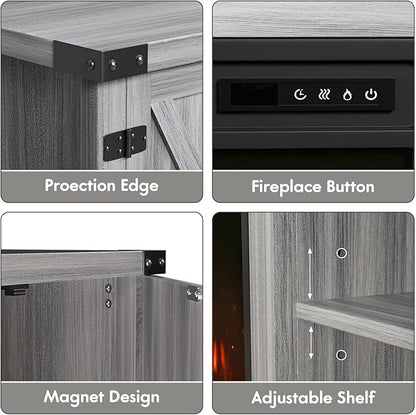 YESHOMY Fireplace TV Stand with Two Barn Doors and Storage Cabinets for Televisions up to 65+ Inch, Entertainment Center Console Table, Media Furniture for Living Room, 58 Inch, Gray