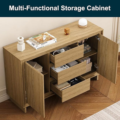 RoyalCraft Buffet Cabinet with Storage, Coffee Bar Cabinet with 3 Drawers and 2 Doors, Framed Edge Design, Modern Sideboard for Kitchen, Living Room and Dining Room, Natural