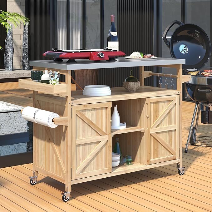 Modern Dining Table Outdoor Kitchen Island with Cabinet, Rolling Bar Cart, Farmhouse Solid Wood Grill Table with Stainless Steel Top, Spice Rack, Towel Rack for Kitchen Dining Room Tables,Natu