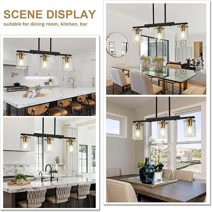 3-Light Kitchen Island Lighting,Dining Room Lights Modern Farmhouse Chandelier with Clear Glass Shade,Modern Rustic Black and Gold Metal Chandelier, Kitchen Pendant Light Fixtures Over Table