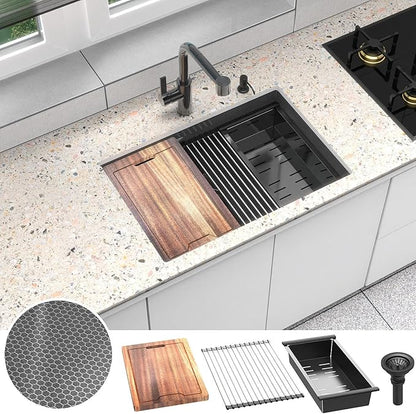 28inch Black Kitchen Sink Undermount - Feibus 28x19x10 with Double Step Workstation 16 Gauge Honeycomb Embossment Stainless Steel Single Bowl