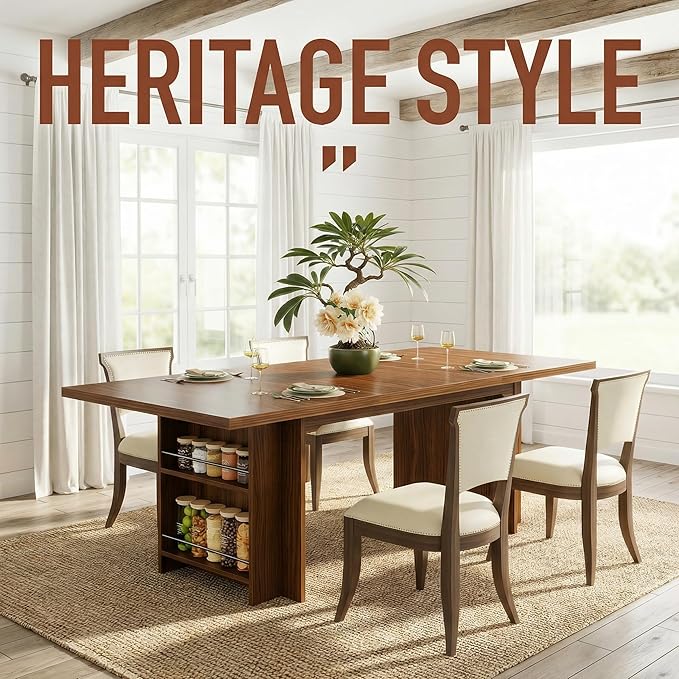 63 Inch Farmhouse Dining Table with Integrated Storage Shelves, Brown Oak Wooden Kitchen Table for 6 to 8 People, Large Home Office Computer Desk with 300lb Weight Capacity