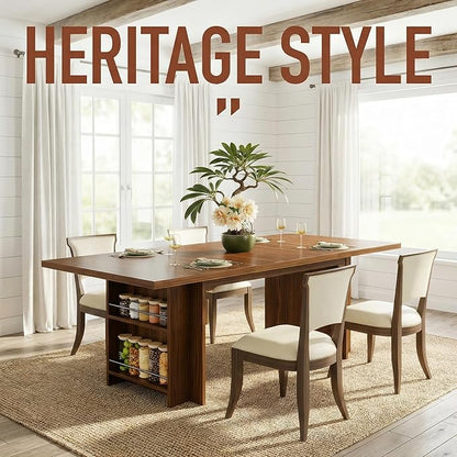 63 Inch Farmhouse Dining Table with Integrated Storage Shelves, Brown Oak Wooden Kitchen Table for 6 to 8 People, Large Home Office Computer Desk with 300lb Weight Capacity
