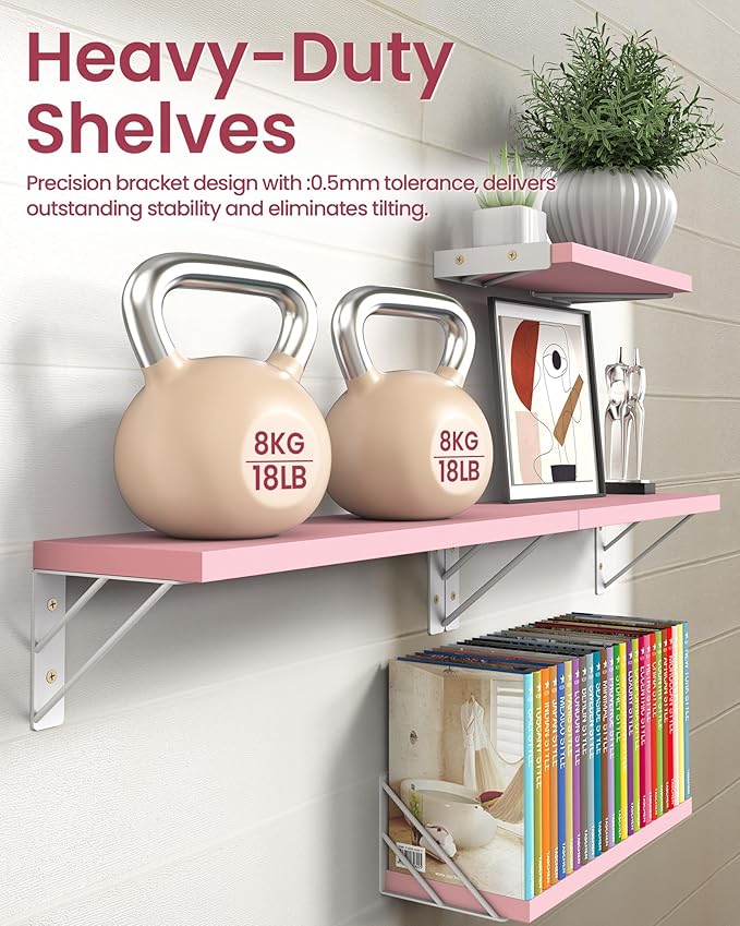 BAYKA Wall Shelves for Bedroom Decor, Pink Floating Wall Shelf for Living Room Kitchen Storage,Mounted Rustic Wood Shelves for Kids Books, Corner Shelf for Bathroom(16in，Set of 4)