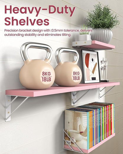 BAYKA Wall Shelves for Bedroom Decor, Pink Floating Wall Shelf for Living Room Kitchen Storage,Mounted Rustic Wood Shelves for Kids Books, Corner Shelf for Bathroom(16in，Set of 4)