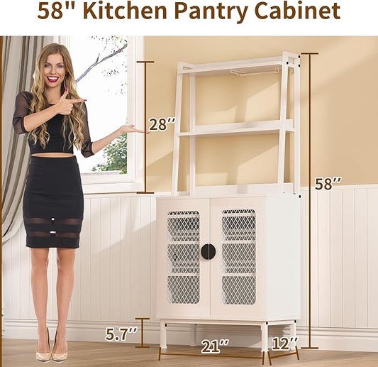 58” Pantry Cabinets with Microwave Shelves, Small Kitchen Pantry Storage Cabinet with Adjustable Shelves, Freestanding Buffet Cupboards Sideboard for Kitchen, Dining Room, Living Room Use (White)