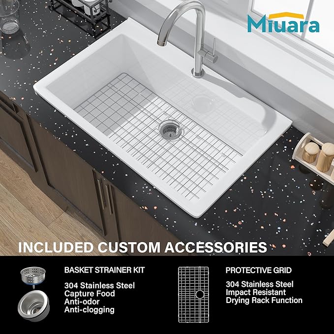 Miuara White Kitchen Sink Drop In 33 Inch 1 Hole - Topmount Fireclay Sink Drop In 33x22, Heavy Duty Large Deep Single Bowl, with 2 Custom Accessories, Glossy White, for Kitchen