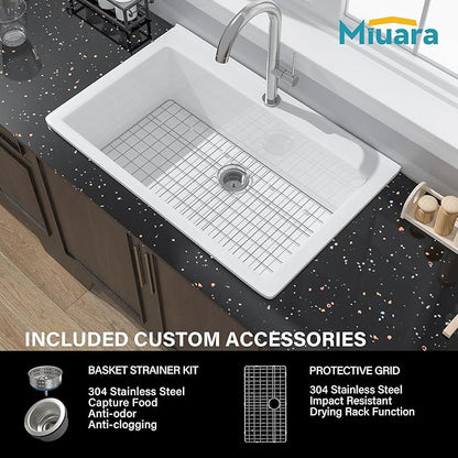 Miuara White Kitchen Sink Drop In 33 Inch 1 Hole - Topmount Fireclay Sink Drop In 33x22, Heavy Duty Large Deep Single Bowl, with 2 Custom Accessories, Glossy White, for Kitchen