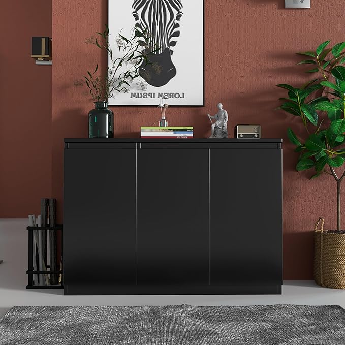 holzart 43" Black Buffet Cabinet Sideboard with Storage - Modern 3-Door Kitchen Cupboard & Coffee Bar Station for Dining Room, Living Room, Entryway - Adjustable Shelves, 43.3" W x 31.5" H