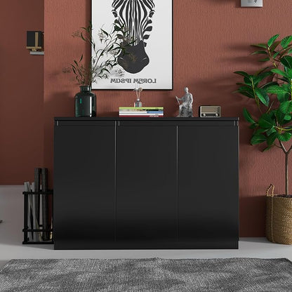 holzart 43" Black Buffet Cabinet Sideboard with Storage - Modern 3-Door Kitchen Cupboard & Coffee Bar Station for Dining Room, Living Room, Entryway - Adjustable Shelves, 43.3" W x 31.5" H