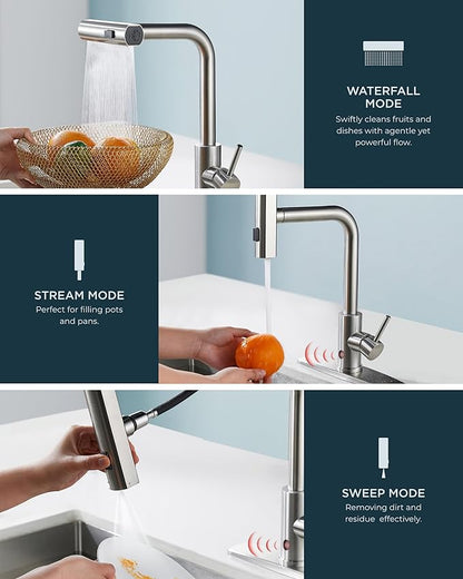 FORIOUS Touchless Waterfall Kitchen Faucets, Brushed Nickel Kitchen Sink Faucet with Pull Down Sprayer, Stainless Steel Modern Contemporary Kitchen Faucet Hands-Free for Laundry Bar Rv Farmhouse