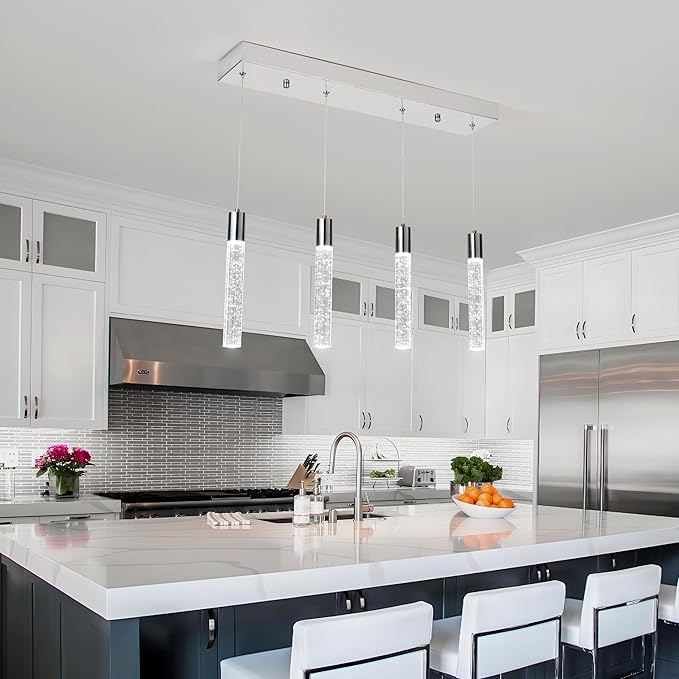 4 Light Pendant Lights Kitchen Island, Modern Chrome Crystal Pendants with Dimmable 3000K-6000K LED Ceiling Hanging Light Fixture for Dining Room Bedroom, Adjustable Height 59"