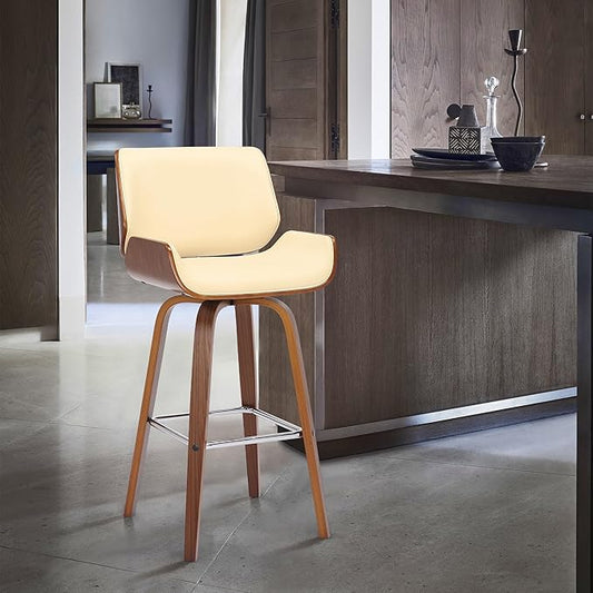 Armen Living Tyler 26" Counter Height Swivel Cream Faux Leather and Walnut Wood Bar Stool - Set of 2