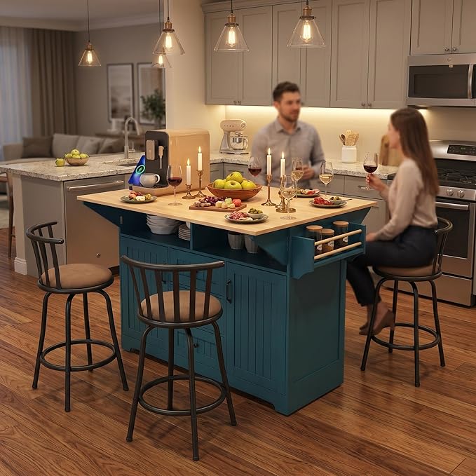 Homy Casa 5 Piece Kitchen Island Set with 4 Swivel Bar Stools, Rolling Kitchen Cart with Drop Leaf, Power Outlet, Drawers and Storage Cabinet, Breakfast Bar Table Set for Dining Room (White)