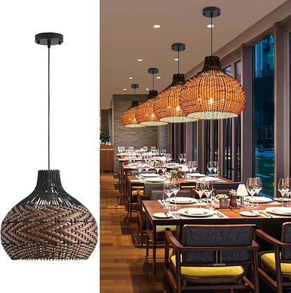3-Light Rattan Pendant Light,15" Hand-Woven Black Brown Faux Rattan Hanging Light Boho 1-Pack Wicker Basket Chandelier,for Living Room Bedroom Kitchen Dining Farmhouse